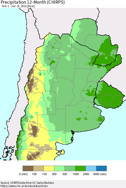 Southern South America Precipitation 12-Month (CHIRPS) Thematic Map For 2/1/2021 - 1/31/2022