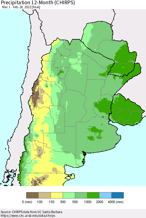 Southern South America Precipitation 12-Month (CHIRPS) Thematic Map For 3/1/2021 - 2/28/2022