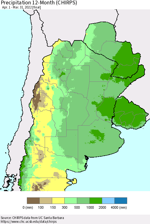 Southern South America Precipitation 12-Month (CHIRPS) Thematic Map For 4/1/2021 - 3/31/2022