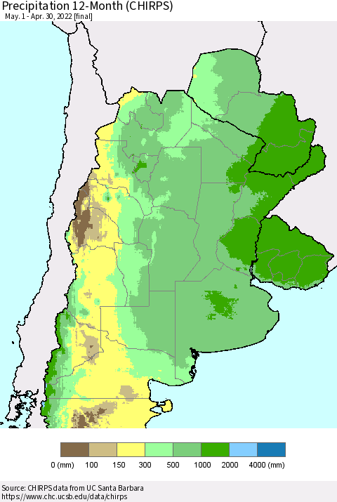 Southern South America Precipitation 12-Month (CHIRPS) Thematic Map For 5/1/2021 - 4/30/2022