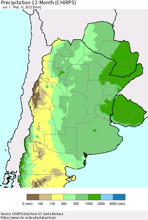 Southern South America Precipitation 12-Month (CHIRPS) Thematic Map For 6/1/2021 - 5/31/2022