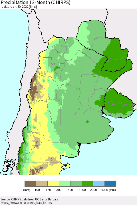 Southern South America Precipitation 12-Month (CHIRPS) Thematic Map For 7/1/2021 - 6/30/2022