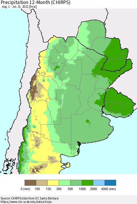 Southern South America Precipitation 12-Month (CHIRPS) Thematic Map For 8/1/2021 - 7/31/2022