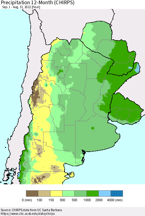Southern South America Precipitation 12-Month (CHIRPS) Thematic Map For 9/1/2021 - 8/31/2022