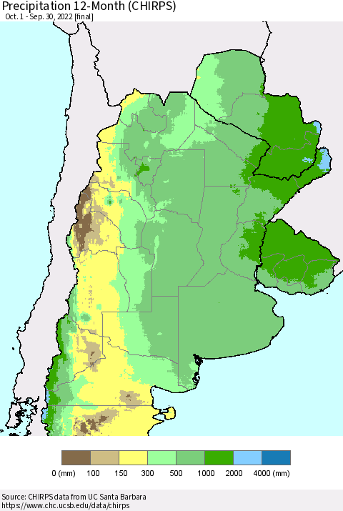 Southern South America Precipitation 12-Month (CHIRPS) Thematic Map For 10/1/2021 - 9/30/2022