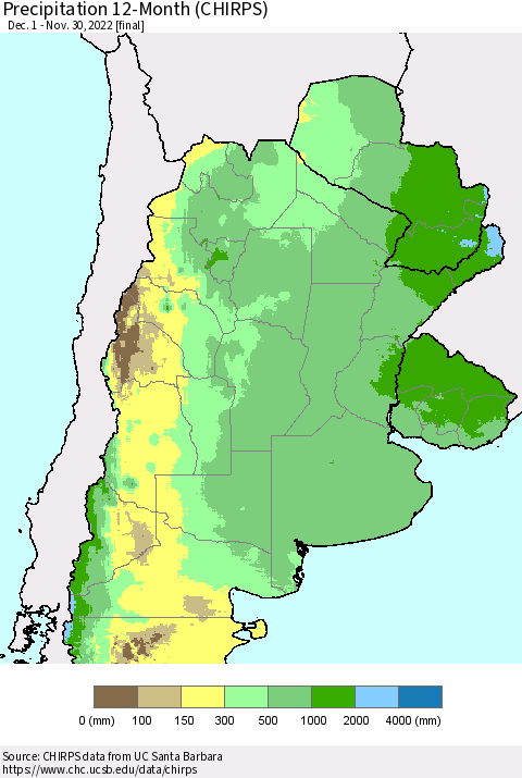 Southern South America Precipitation 12-Month (CHIRPS) Thematic Map For 12/1/2021 - 11/30/2022