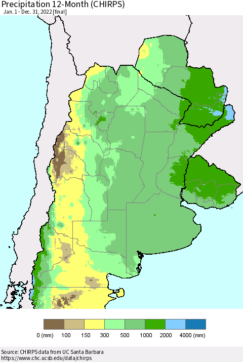 Southern South America Precipitation 12-Month (CHIRPS) Thematic Map For 1/1/2022 - 12/31/2022