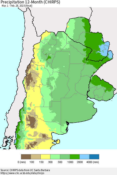 Southern South America Precipitation 12-Month (CHIRPS) Thematic Map For 3/1/2022 - 2/28/2023