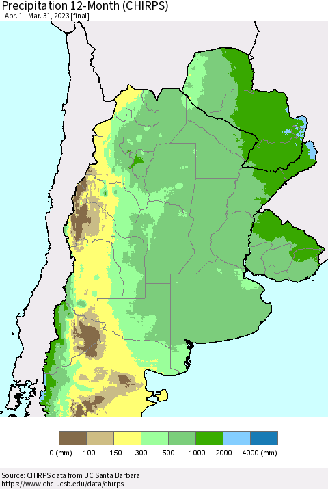 Southern South America Precipitation 12-Month (CHIRPS) Thematic Map For 4/1/2022 - 3/31/2023