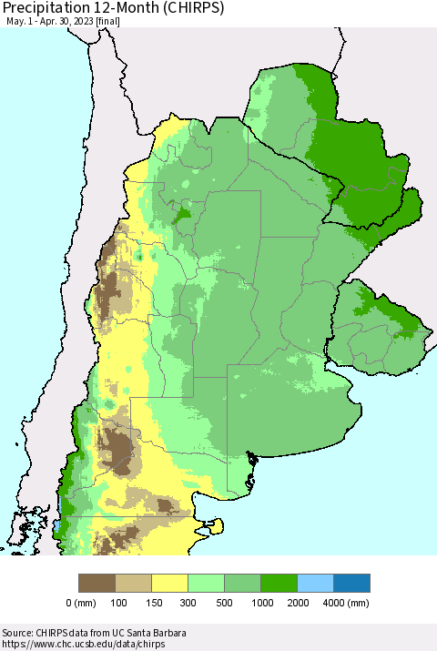 Southern South America Precipitation 12-Month (CHIRPS) Thematic Map For 5/1/2022 - 4/30/2023