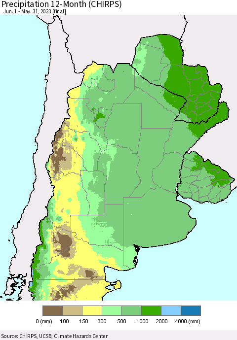 Southern South America Precipitation 12-Month (CHIRPS) Thematic Map For 6/1/2022 - 5/31/2023