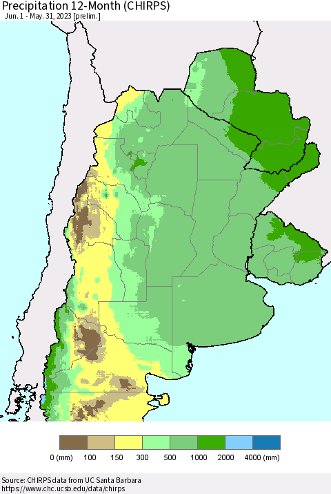 Southern South America Precipitation 12-Month (CHIRPS) Thematic Map For 6/1/2022 - 5/31/2023