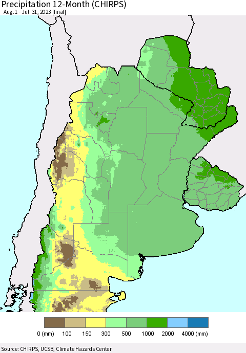 Southern South America Precipitation 12-Month (CHIRPS) Thematic Map For 8/1/2022 - 7/31/2023