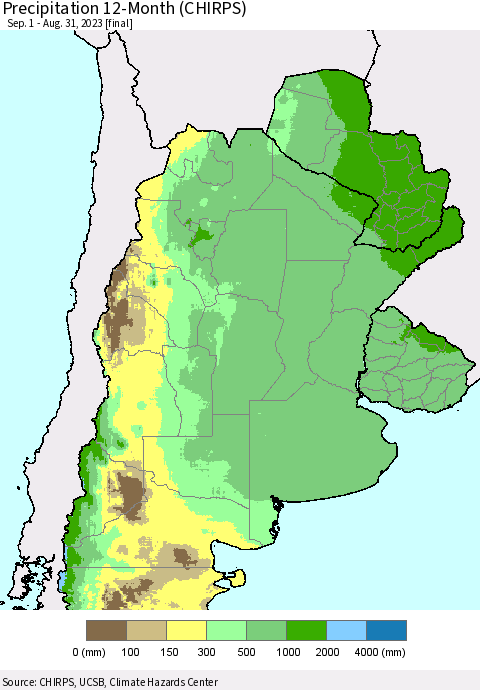 Southern South America Precipitation 12-Month (CHIRPS) Thematic Map For 9/1/2022 - 8/31/2023