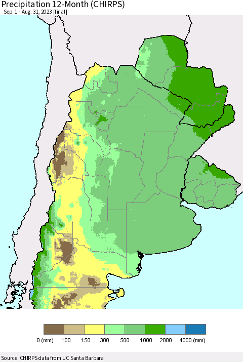 Southern South America Precipitation 12-Month (CHIRPS) Thematic Map For 9/1/2022 - 8/31/2023