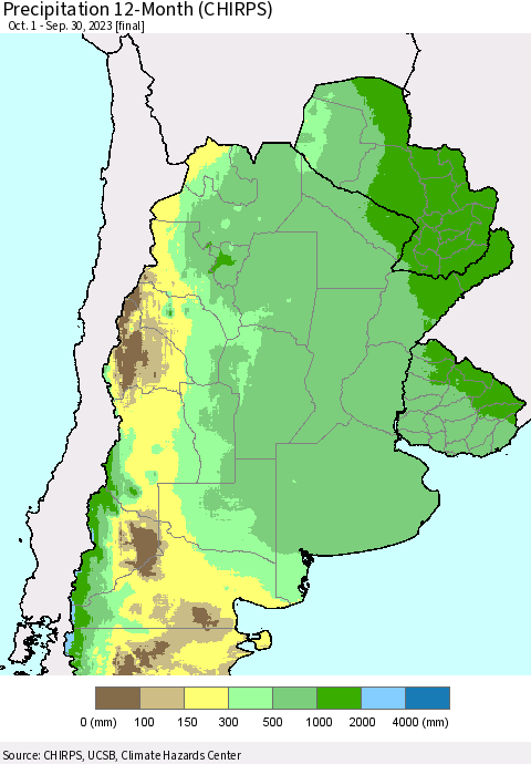 Southern South America Precipitation 12-Month (CHIRPS) Thematic Map For 10/1/2022 - 9/30/2023