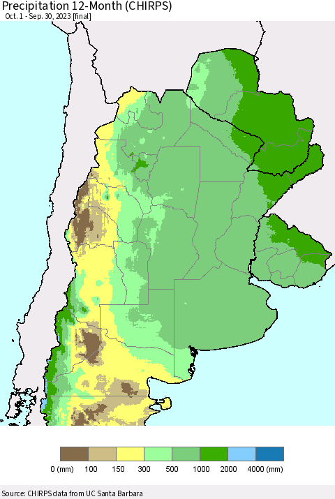 Southern South America Precipitation 12-Month (CHIRPS) Thematic Map For 10/1/2022 - 9/30/2023