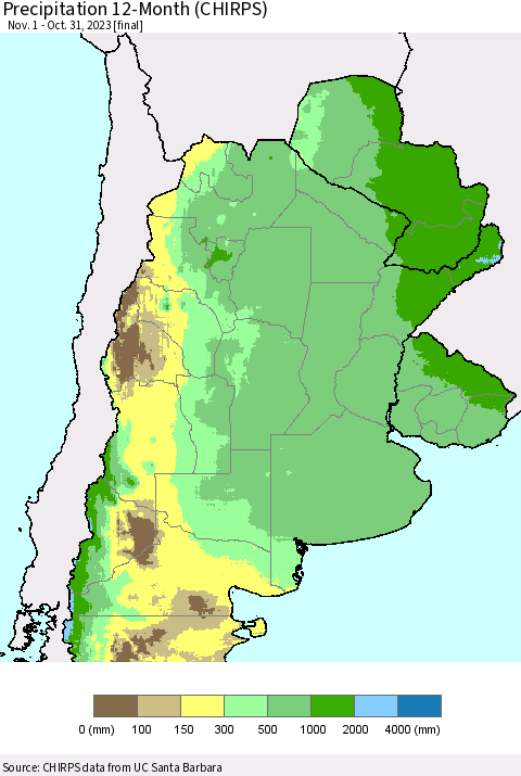 Southern South America Precipitation 12-Month (CHIRPS) Thematic Map For 11/1/2022 - 10/31/2023