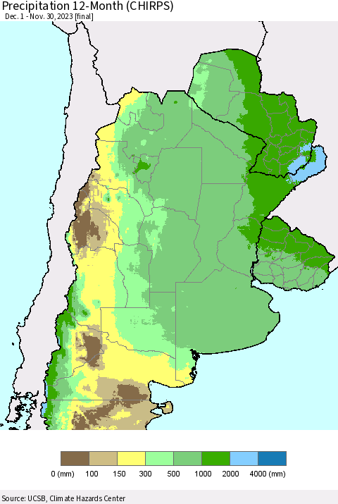 Southern South America Precipitation 12-Month (CHIRPS) Thematic Map For 12/1/2022 - 11/30/2023