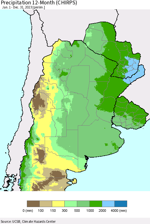 Southern South America Precipitation 12-Month (CHIRPS) Thematic Map For 1/1/2023 - 12/31/2023
