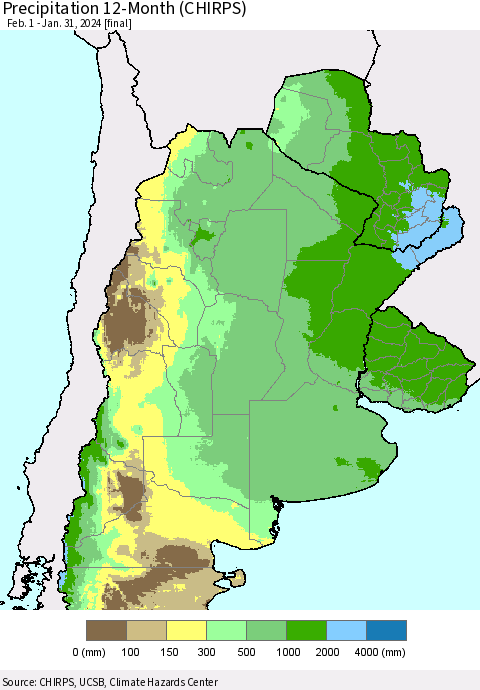 Southern South America Precipitation 12-Month (CHIRPS) Thematic Map For 2/1/2023 - 1/31/2024