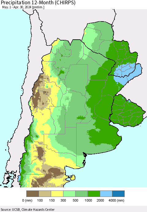 Southern South America Precipitation 12-Month (CHIRPS) Thematic Map For 5/1/2023 - 4/30/2024