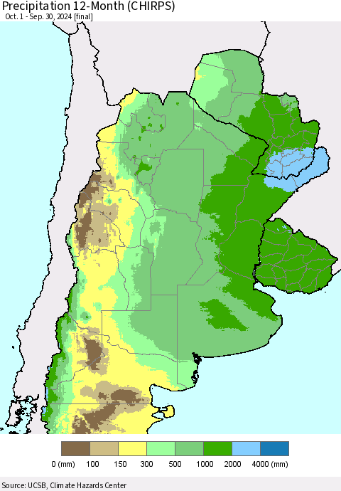 Southern South America Precipitation 12-Month (CHIRPS) Thematic Map For 10/1/2023 - 9/30/2024