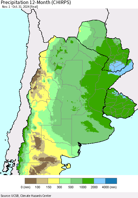 Southern South America Precipitation 12-Month (CHIRPS) Thematic Map For 11/1/2023 - 10/31/2024