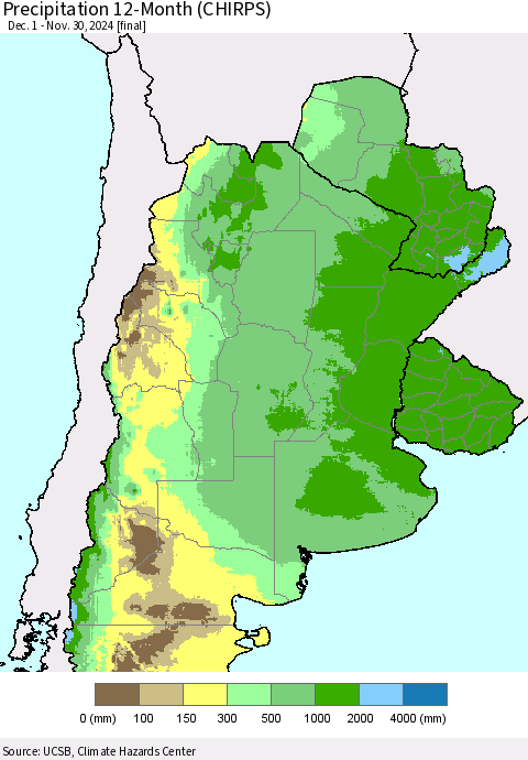 Southern South America Precipitation 12-Month (CHIRPS) Thematic Map For 12/1/2023 - 11/30/2024
