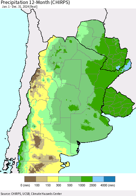 Southern South America Precipitation 12-Month (CHIRPS) Thematic Map For 1/1/2024 - 12/31/2024