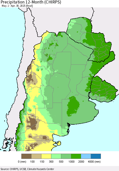 Southern South America Precipitation 12-Month (CHIRPS) Thematic Map For 5/1/2024 - 4/30/2025