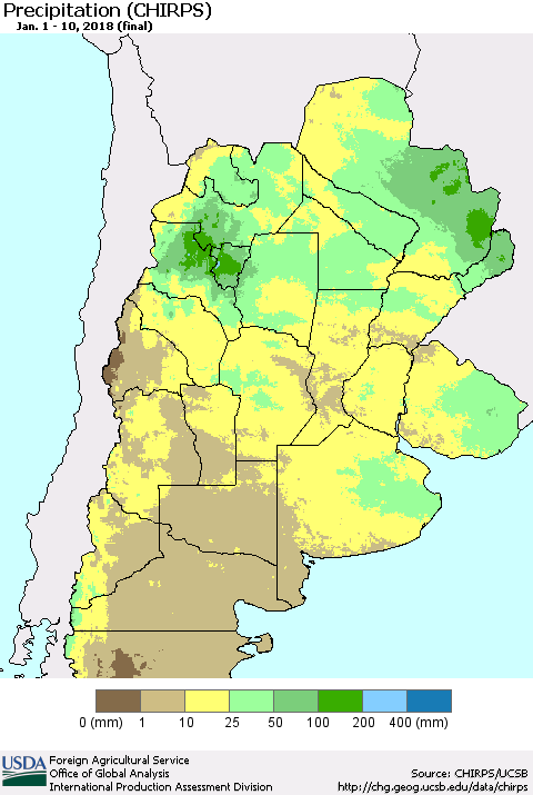 Southern South America Precipitation (CHIRPS) Thematic Map For 1/1/2018 - 1/10/2018