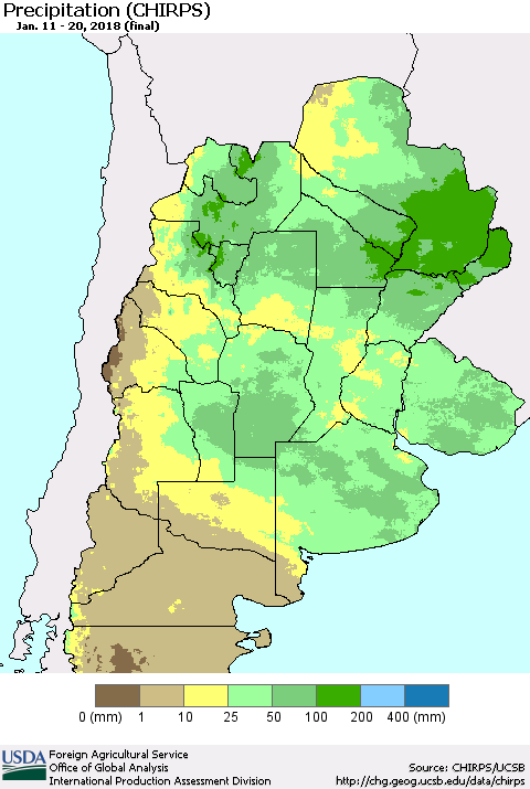 Southern South America Precipitation (CHIRPS) Thematic Map For 1/11/2018 - 1/20/2018