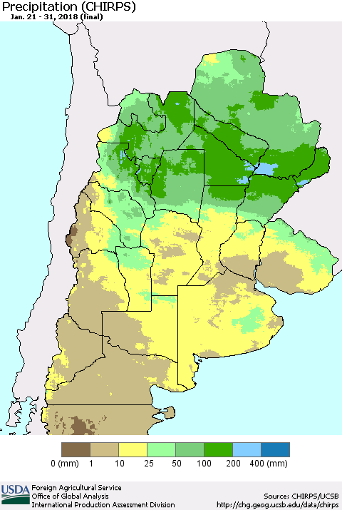 Southern South America Precipitation (CHIRPS) Thematic Map For 1/21/2018 - 1/31/2018