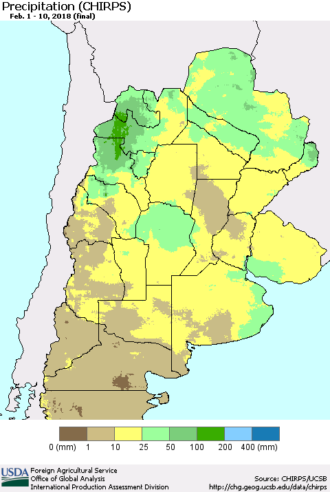 Southern South America Precipitation (CHIRPS) Thematic Map For 2/1/2018 - 2/10/2018