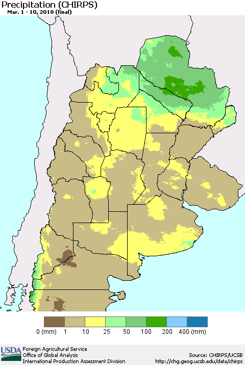 Southern South America Precipitation (CHIRPS) Thematic Map For 3/1/2018 - 3/10/2018