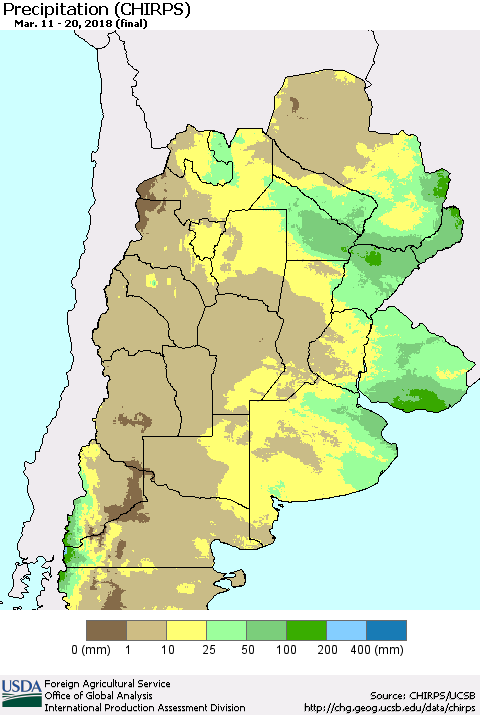 Southern South America Precipitation (CHIRPS) Thematic Map For 3/11/2018 - 3/20/2018