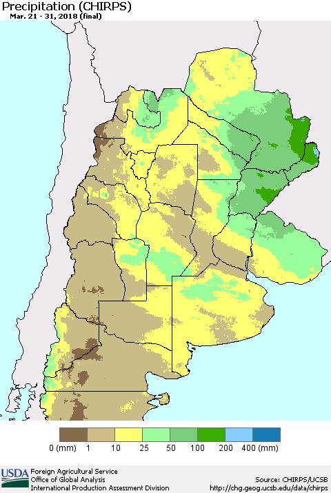 Southern South America Precipitation (CHIRPS) Thematic Map For 3/21/2018 - 3/31/2018