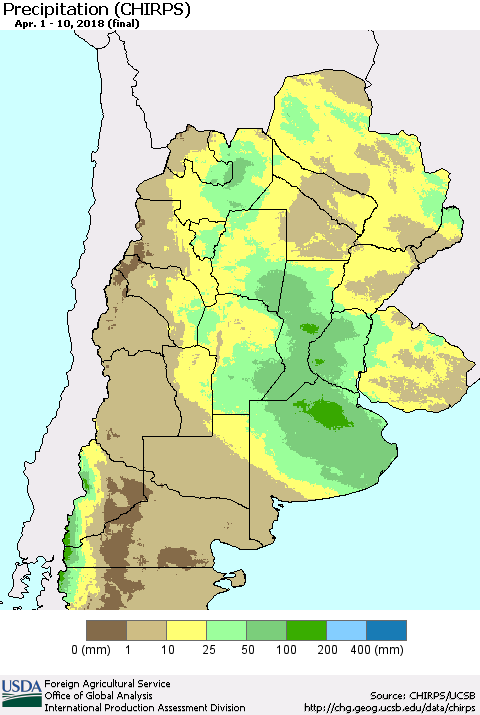 Southern South America Precipitation (CHIRPS) Thematic Map For 4/1/2018 - 4/10/2018