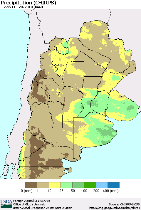 Southern South America Precipitation (CHIRPS) Thematic Map For 4/11/2018 - 4/20/2018