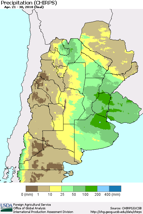 Southern South America Precipitation (CHIRPS) Thematic Map For 4/21/2018 - 4/30/2018