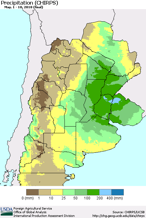 Southern South America Precipitation (CHIRPS) Thematic Map For 5/1/2018 - 5/10/2018