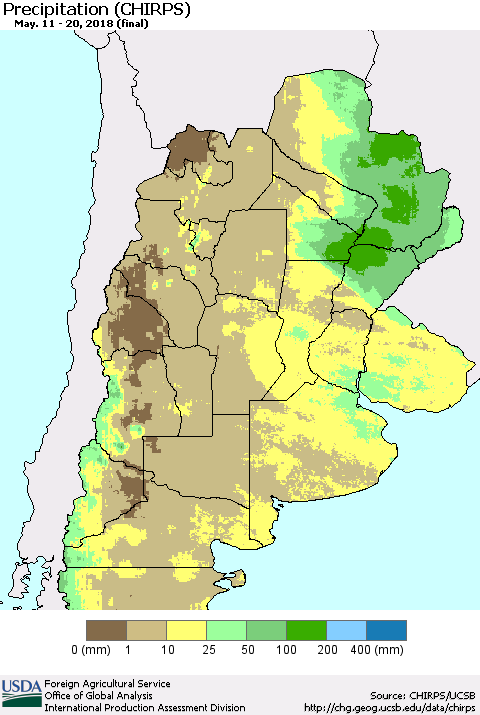 Southern South America Precipitation (CHIRPS) Thematic Map For 5/11/2018 - 5/20/2018