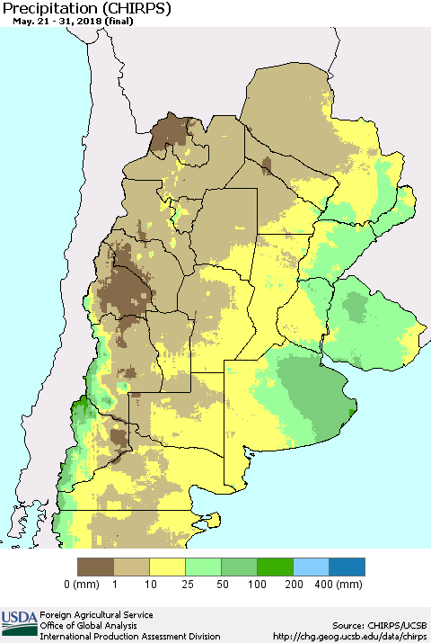 Southern South America Precipitation (CHIRPS) Thematic Map For 5/21/2018 - 5/31/2018