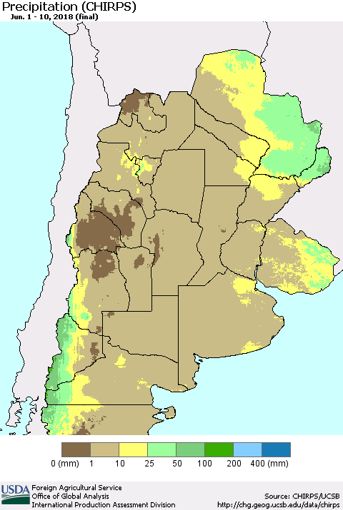 Southern South America Precipitation (CHIRPS) Thematic Map For 6/1/2018 - 6/10/2018