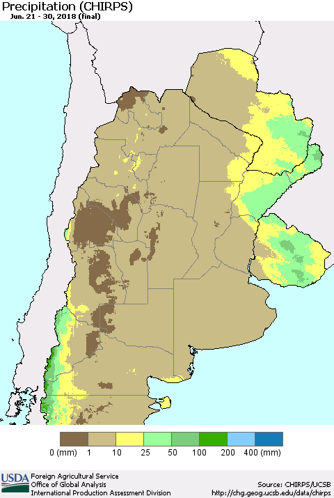 Southern South America Precipitation (CHIRPS) Thematic Map For 6/21/2018 - 6/30/2018