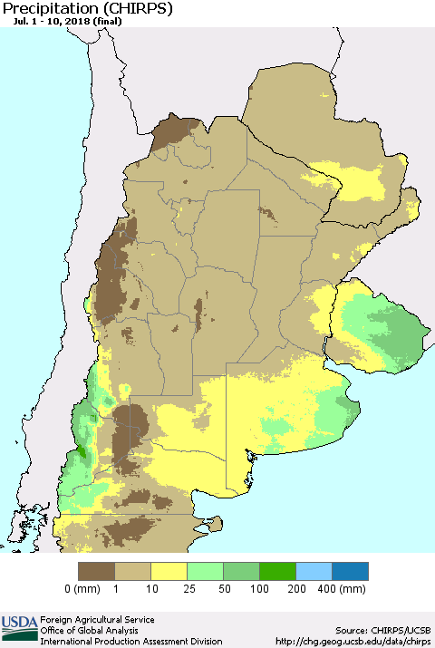 Southern South America Precipitation (CHIRPS) Thematic Map For 7/1/2018 - 7/10/2018