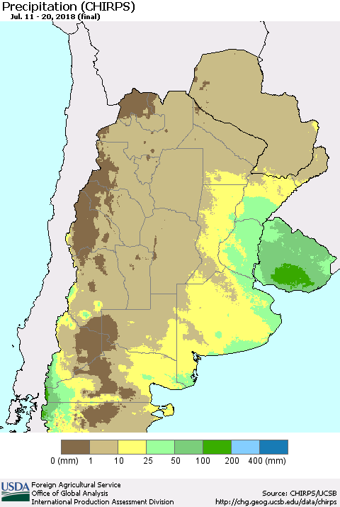 Southern South America Precipitation (CHIRPS) Thematic Map For 7/11/2018 - 7/20/2018