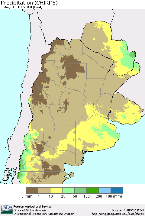 Southern South America Precipitation (CHIRPS) Thematic Map For 8/1/2018 - 8/10/2018