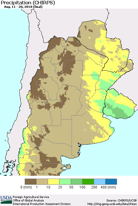 Southern South America Precipitation (CHIRPS) Thematic Map For 8/11/2018 - 8/20/2018